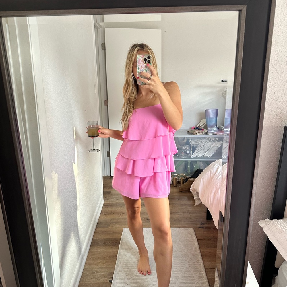 HYFVE Pink Ruffle Strapless Romper